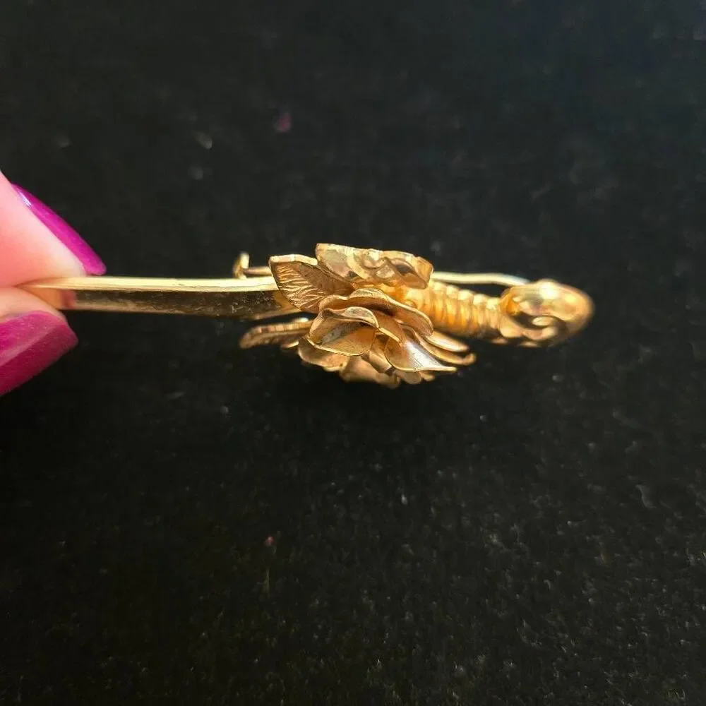 Vintage Sword and Rose Brooch Pin Gold Tone